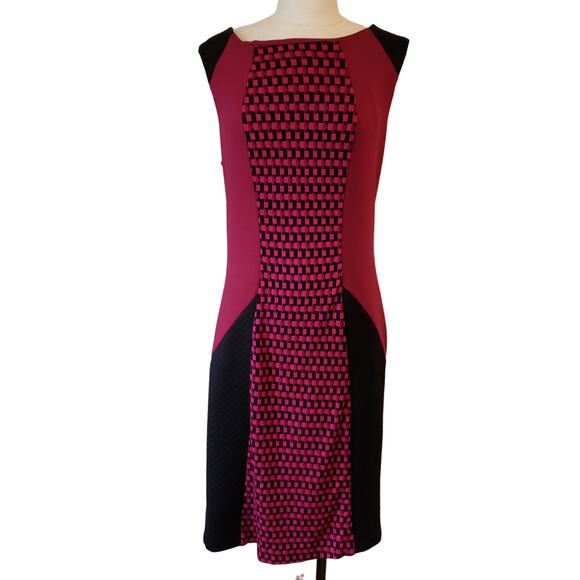 Eci New York Dress Womens 10 Midi Burgundy Black Sleeveless Colorblock Workwear - Picture 12 of 12